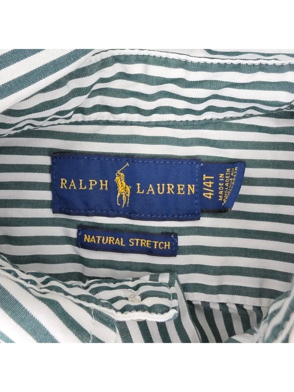 Ralph Lauren Button Shirt Boys 4/4T Green Natural Stretch 100% Cotton Striped